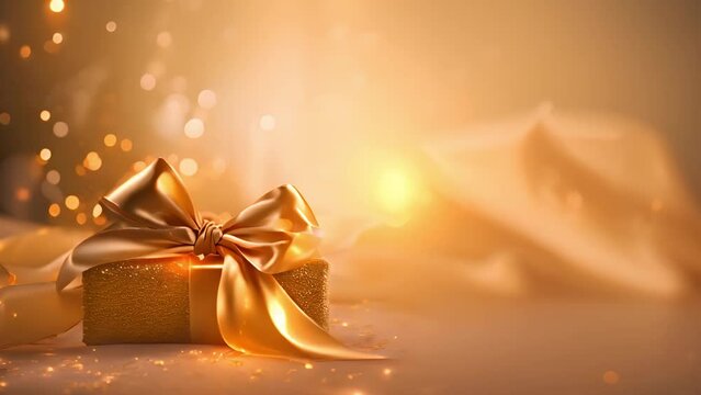 Golden gift box with bow and ribbon on Gold Glitter Background. Looping Sparkling and bokeh lights moving around Background with Gold Presents. 4K 3D Loop. Party,celebration,Merry Christmas,Happy New 