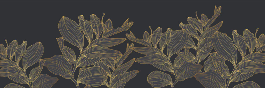 Foliage pattern, plant, Solomon's seal (Polygonatum multiflorum) branch leaves line art ink drawing in golden line.