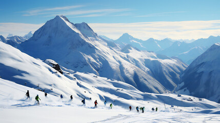 Fototapeta na wymiar A Steep Ski Slope With Skiers In The Mountains