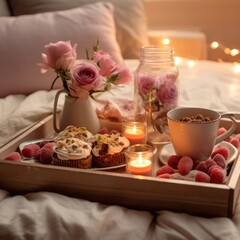 Fototapeta na wymiar tray in the bed with sweets, flowers and candels