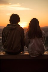 Teenage couple watching sunset from rooftop