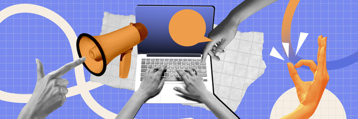 E-marketing. Employees working on news, information, media posts creation. Chat, announcement. Contemporary art collage. Concept of efficiency, business, office, workflow and Internet