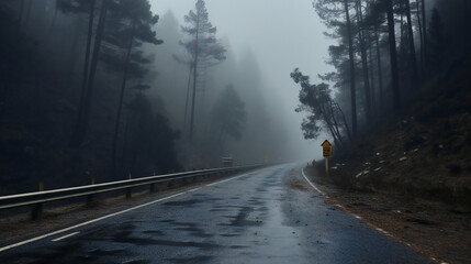 A Mountain Road In Foggy Weather 