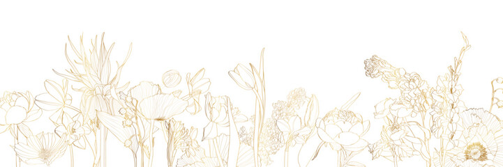 Luxury gold nature background. Floral pattern, Golden garden spring flowers, line arts illustration.
