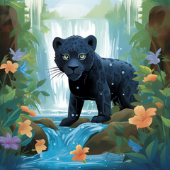 Filhote de pantera negra na cachoeira com cores azuis, amarelas e verdes - Ilustração infantil fofa 2d - obrazy, fototapety, plakaty