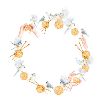 Wreath in yellow-blue colors with balls of yarn and birds painted in watercolor