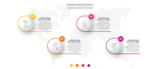 Four colorful circles are connected with lines and icons. Vector timeline with 4 circles and steps for business process concept, presentation, report.