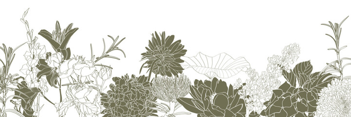 Line flowers background design. Garden and tropical flowers line arts design for wallpaper, natural wall arts, banner, prints, invitation and packaging design. 