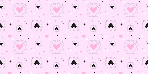 Heart in abstract aura. Y2k Valentine's Day seamless pattern. Cosmic love background. Black and purple hearts and stars on pastel pink surface. Horizontal vector romantic retro illustration.