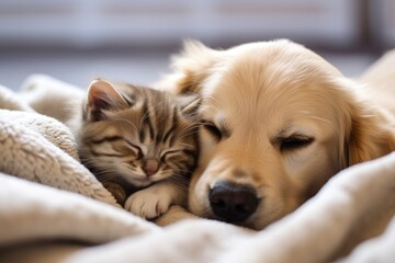 Golden Retriever puppy cuddling with a kitten on a cozy blanket