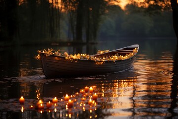 Serene rowboat lit with candles sets the stage for a romantic proposal, valentine, dating and love...