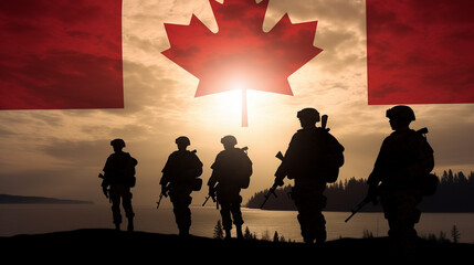 silhouette of Canadian army soldiers with Canadian flag background with sunset