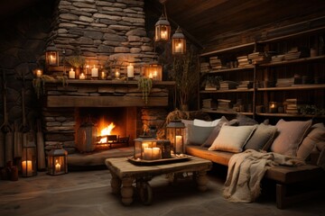 Cozy cabin interior with candlelit stone fireplace mantle, engagement, wedding and anniversary image