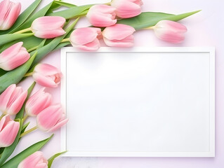 White frame background with copy space and pink tulip flowers around