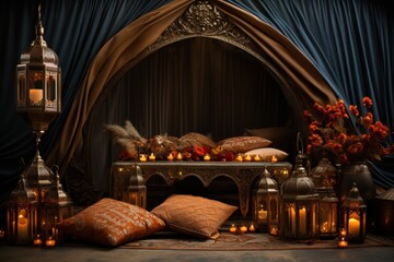Fototapeta na wymiar Moroccan inspired tent with ornate lantern candles, valentine, dating and love proposal image