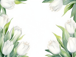 Abstract frame background with white watercolor tulips and free copy space inside