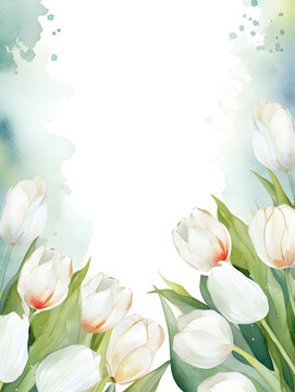 Abstract frame background with white watercolor tulips and free copy space inside 