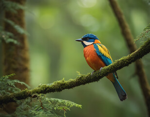 a beutiful bird setting on a branch in dense jungle