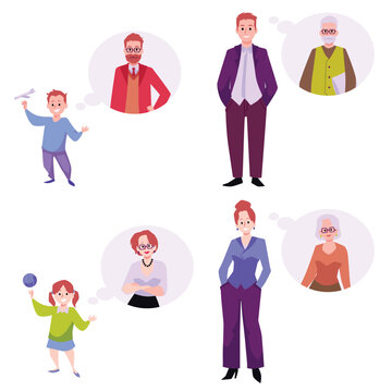 People of different age thinking about their future, flat vector illustration isolated on white background.