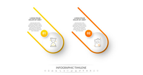 Two colorful circles are connected with lines and icons. Vector timeline with 2 circles and steps for business process concept, presentation, report.