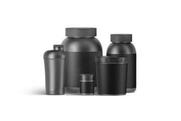 Blank black big and small protein cans mockup, front view