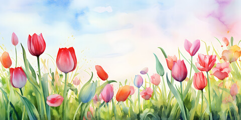 Fototapeta premium Colorful watercolor tulips abstract floral background