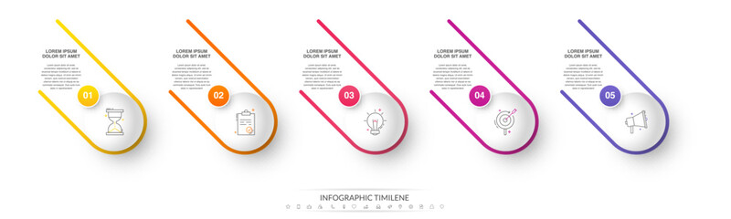 Five colorful circles are connected with lines and icons. Vector timeline with 5 circles and steps for business process concept, presentation, report.