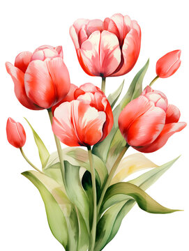 Red watercolor tulips isolated on white background