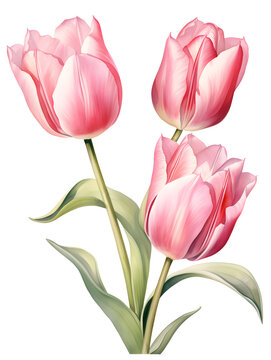 Pink watercolor tulips isolated on white background