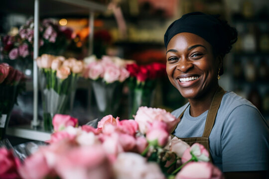 Generative AI image of a joyful florist with fresh flowers