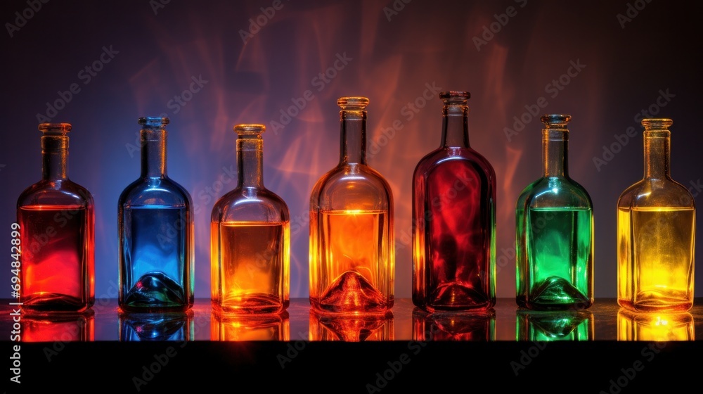 Poster a row of colorful bottles lined up on a table with flames behind them, ai