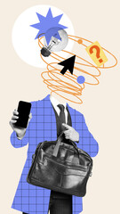 Businessman standing with mobile phone, generating creating ideas for project development. Contemporary art collage. Concept of efficiency, online business, office, workflow, social media marketing