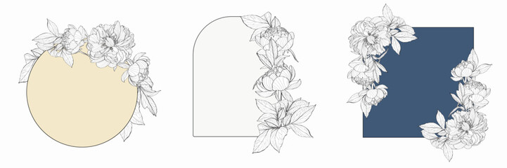 Line Peony flowers card template set. Garden line flowers frame.  Summer time border frame. 