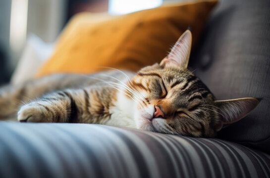 Generative AI image of a cat sleeping peacefully on a sofa