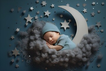 Dreamy night slumber, newborn baby posing in decorations - obrazy, fototapety, plakaty