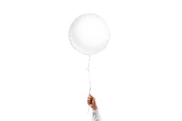 Hand holding blank white round balloon mockup, isolated © Alexandr Bognat