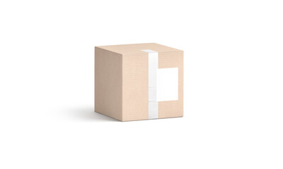 Blank white shipping label on craft box mockup, half-turned view