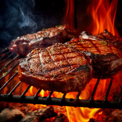 A large piece of steak, close-up meat is fried on an open fire in a restaurant. Close-up of meat. Open fire in the oven
