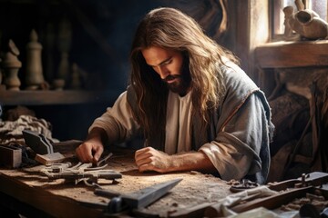 Jesus as a carpenter working in his workshop