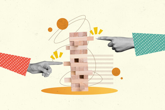 Image collage banner of game for intelligent people risky game competition strategy to build wooden jenga isolated on beige background