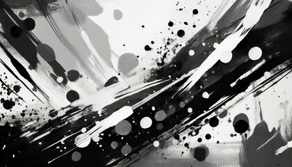 Abstract black and white background with splatters, streaks, and dots, bold brushstrokes and scattered splatters