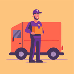 Delivery courier gives package to owner, warehouse worker vector illustration.