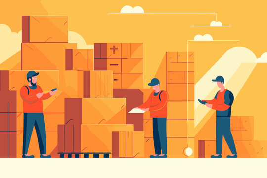 Delivery courier gives package to owner, warehouse worker vector illustration.