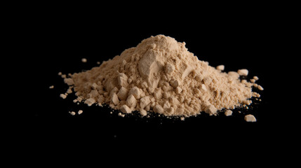Heap of brown powder depicting heroin isolated on black background - obrazy, fototapety, plakaty
