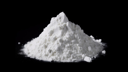 Pile of white powder looking like cocaine or amphetamine isolated on black background - obrazy, fototapety, plakaty