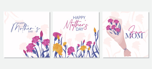 Happy Mothers Day greeting cards. The set is great for social media posts, cards, brochures, flyers, and advertising poster templates. Vector illustration. 