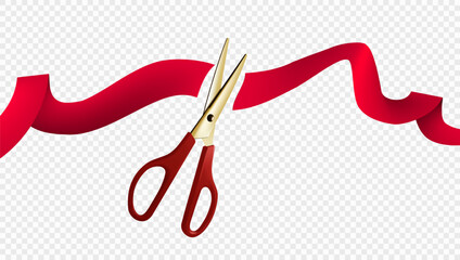 3D Red Ribbon Cutting With Scissors. Grand Opening - obrazy, fototapety, plakaty