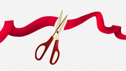 Fotobehang 3D Red Ribbon Cutting With Scissors. Grand Opening © prah