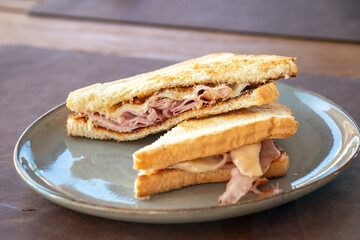 a close up image of a grilled ham and cheese toastie sandwich on a plate.