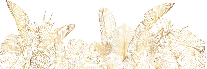 Luxury gold nature background. Floral pattern, Golden bananas, palms, exotic flowers, line arts illustration. - obrazy, fototapety, plakaty